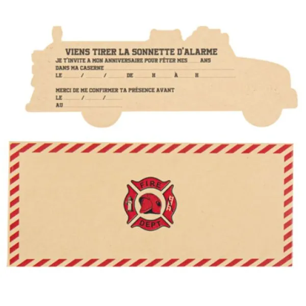 Badaboum 8 Invitations Pompier Kraft Rouge
