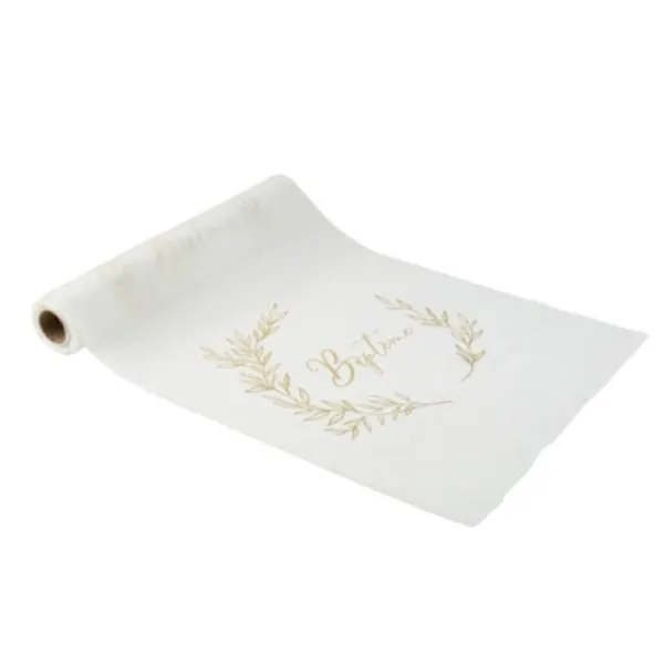 Clearance Chemin De Table Bapt Me Mousseline Blanc Liser Vegetal Or Theme Bapteme