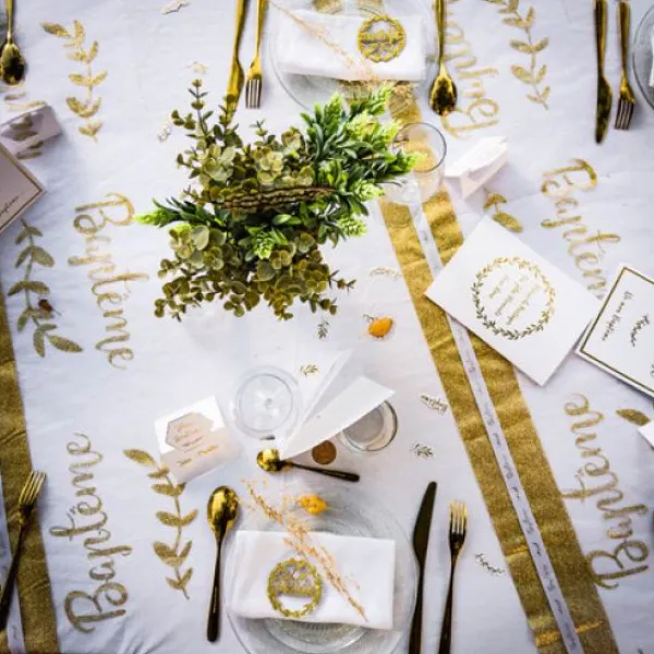 Discount Chemin De Table Organza Bapt Me Paillettes Or Theme Bapteme