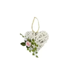 Badaboum Coeur En Rotin Rose Avec Rose Et Feuillage A Suspendre