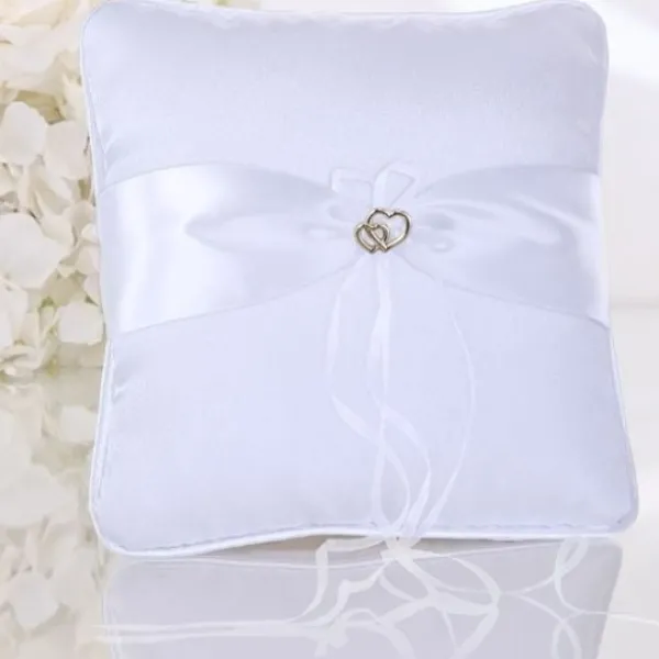 Badaboum Coussin Porte Alliance Blanc En Tissu Satin Double Coeur