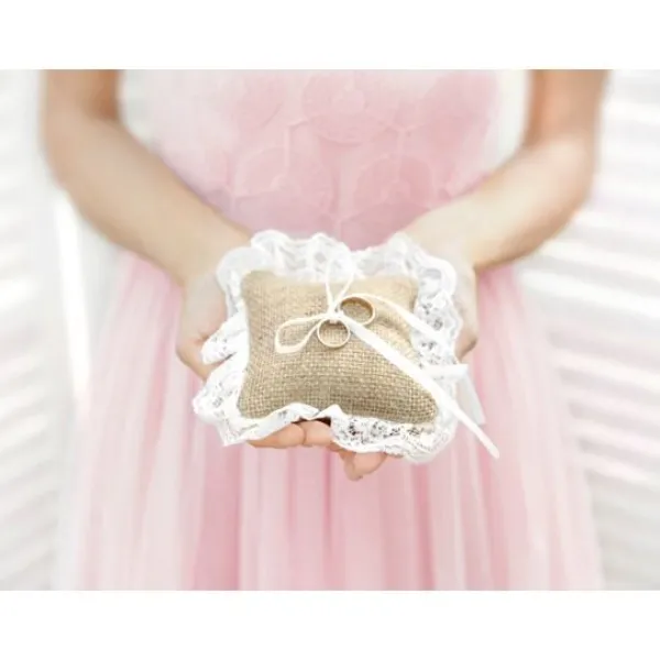 Coussin Porte Alliance En Jute Avec Dentelle Blanche Theme Dentelle
