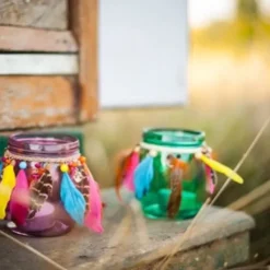 Badaboum Photophore Gypsy Perles Et Plumes Rose