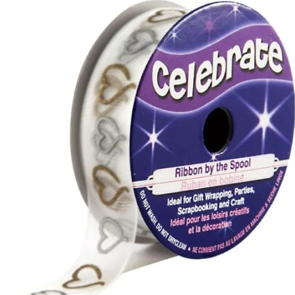 Badaboum Ruban En Bobine Organza Blanc Imprim Coeur Or Et Argent