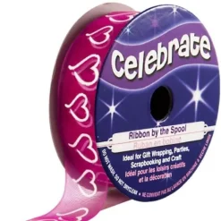 Badaboum Ruban En Bobine Organza Fuchsia Imprim C Ur Blanc