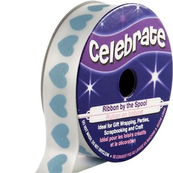 Badaboum Ruban En Bobine Satin Blanc Imprim Coeur Bleu Ciel