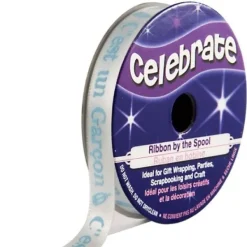 Clearance Ruban En Bobine Satin Blanc Imprim Bleu C'Est Un Gar On Theme Gender Reveal