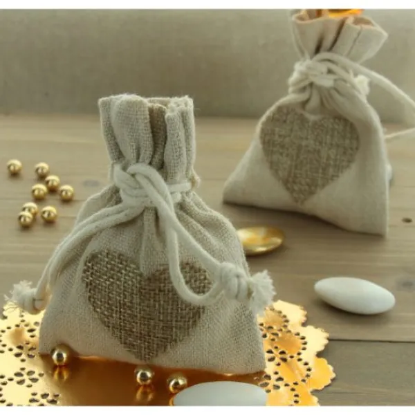Sac A Dragees Pas Cher En Lin Et Jute Avec Coeur X 5 Pi Ces Theme Jute