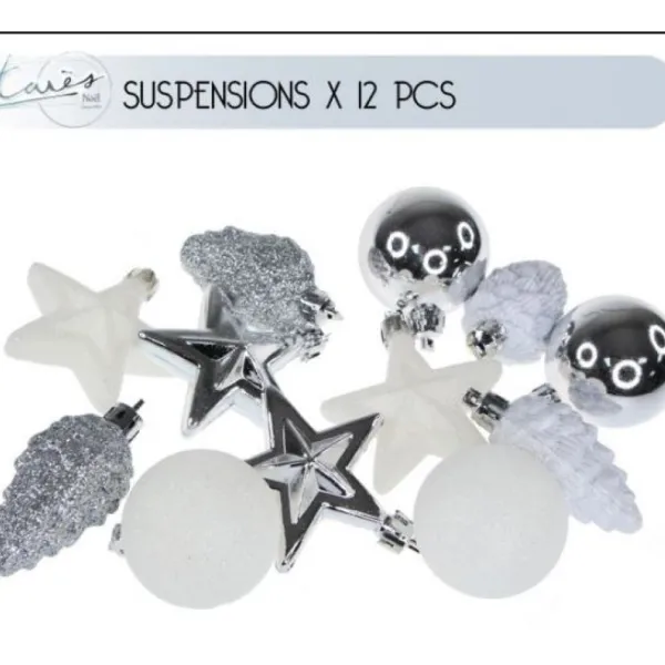 Badaboum Suspension Décoration Pour Sapin De Noel Blanc Et Argent X 12 Pi Ces New